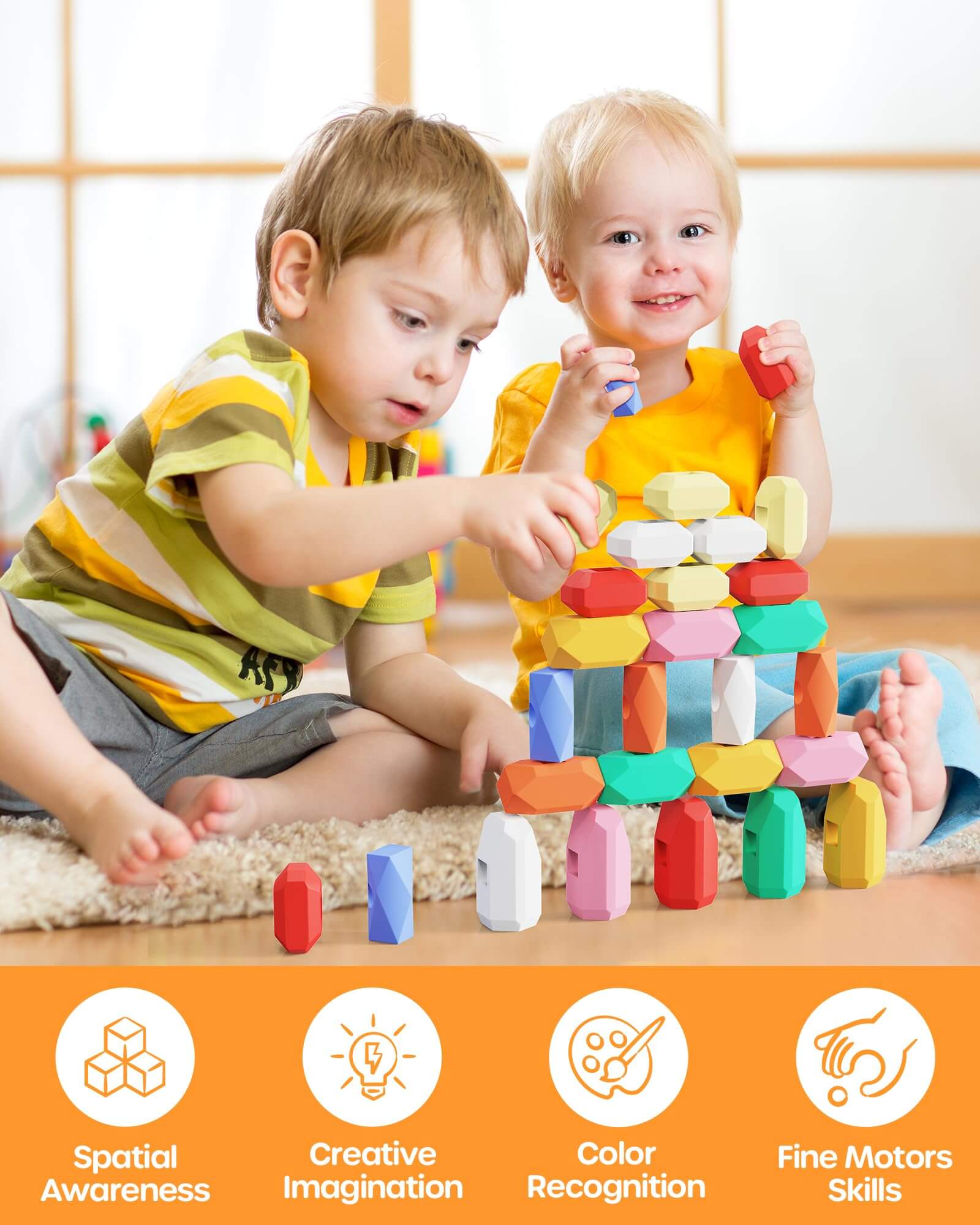 39 PCS Silicone Sorting Stacking Rocks Stones Montessori Toys