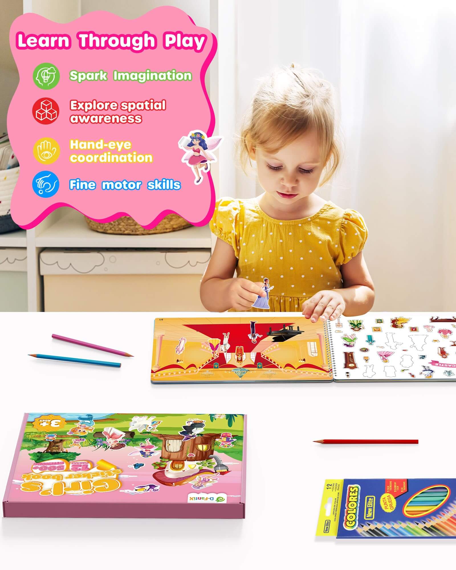 D-FantiX Girl's Sticker Book for Kids