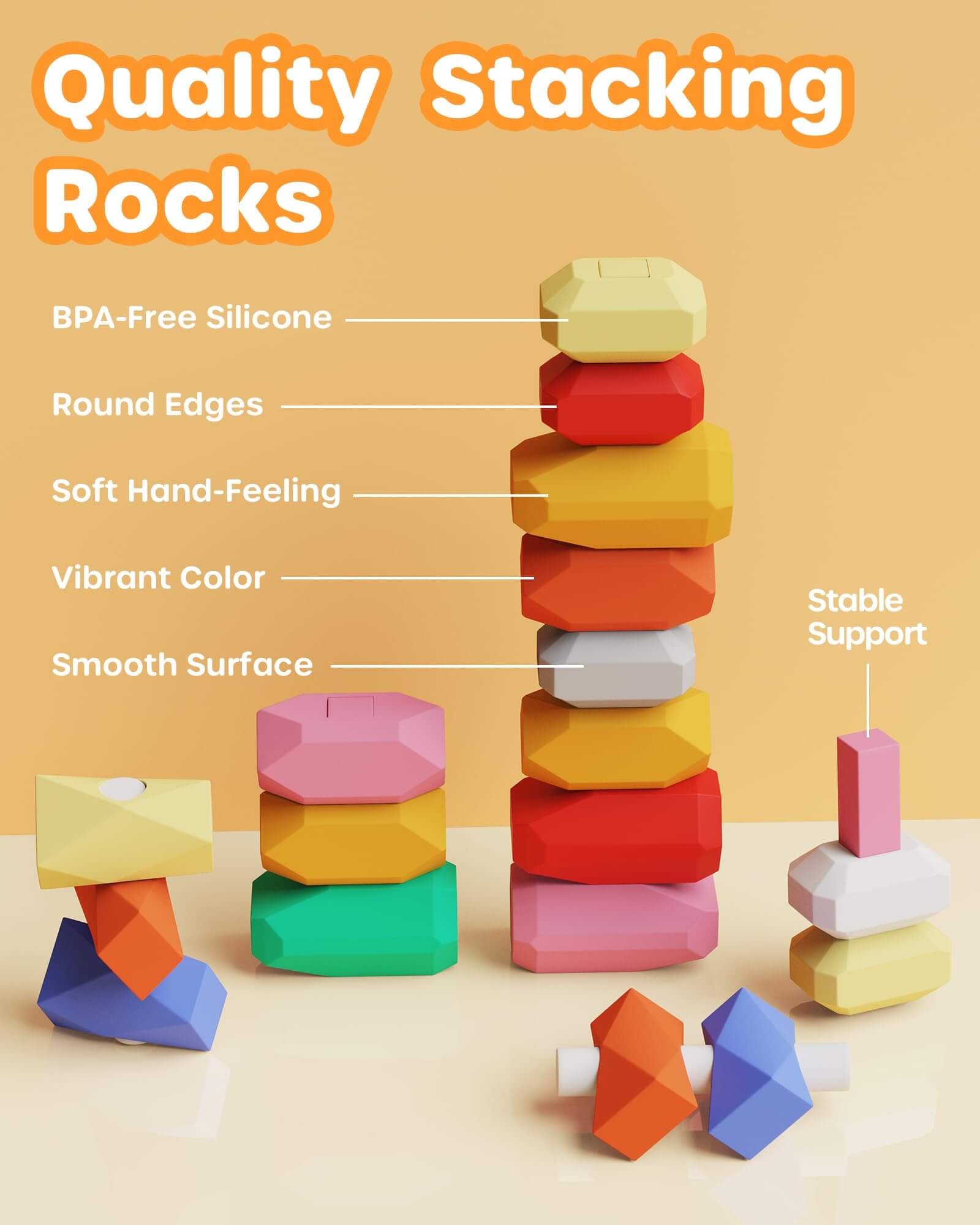 39 PCS Silicone Sorting Stacking Rocks Stones Montessori Toys